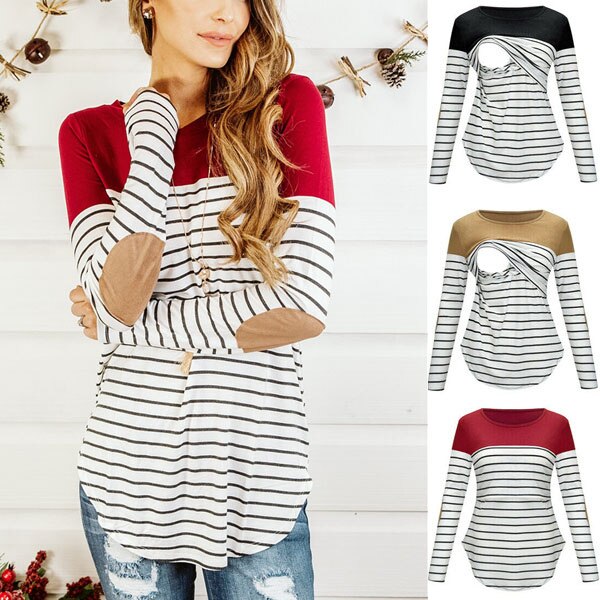 Casual Womens Pregnant Maternity Clothes Nursing Tops Breastfeeding T-Shirt Pregnancy Maternity Breastfeeding Striped